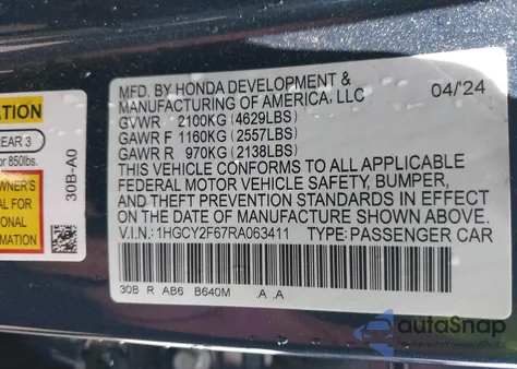 2024 Honda Accord Hybrid Ex-L из США, поврежденный, VIN 1HGCY2F67RA063411